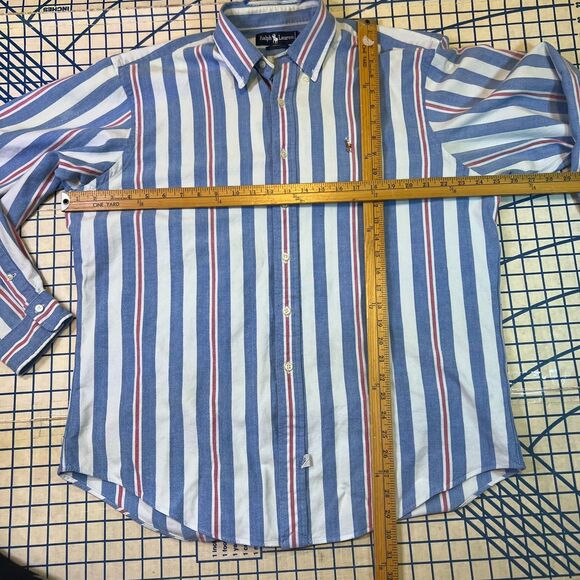 Vtg Ralph Lauren Oxford Shirt Mens L Striped Button Down Blue Red Flesh Pony - Picture 12 of 12